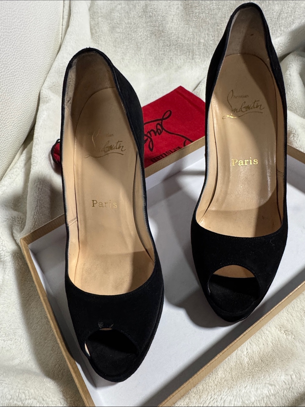 Christian Louboutin Black Suede Peep-Toe Pumps with Red Dust Bag Accent